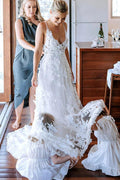 NumberSea White Tulle A-line V-neck Spaghetti Straps Wedding Dress With Appliques