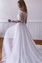 Vestidos de novia NumberSea de tul blanco con encaje, corte A y mangas largas.