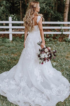 NumberSea White Tulle Lace Appliqued A-line V-neck Wedding Dresses, Bridal Gown