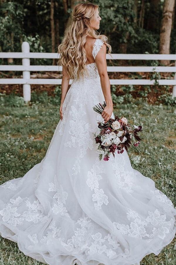 NumberSea White Tulle Lace Appliqued A-line V-neck Wedding Dresses, Bridal Gown