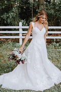 NumberSea White Tulle Lace Appliqued A-line V-neck Wedding Dresses, Bridal Gown
