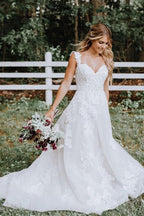 NumberSea White Tulle Lace Appliqued A-line V-neck Wedding Dresses, Bridal Gown