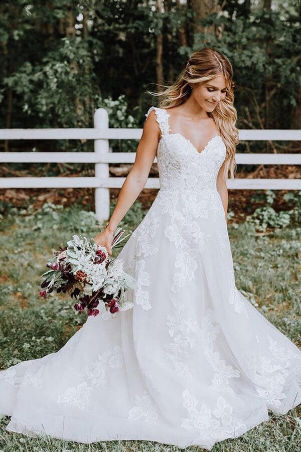NumberSea White Tulle Lace Appliqued A-line V-neck Wedding Dresses, Bridal Gown