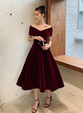 Vestido de fiesta elegante de terciopelo rojo vino, largo hasta la rodilla, hombros descubiertos, vestidos de fiesta burdeos