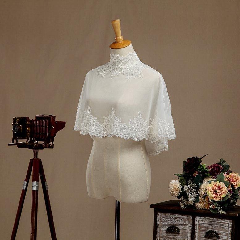 NumberSea - Women's Wrap Shrugs Shawls Tulle Wedding Party Appliques Flower Lace Wedding Capelets with Buttons