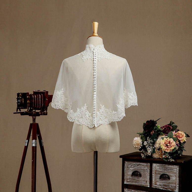 NumberSea - Women's Wrap Shrugs Shawls Tulle Wedding Party Appliques Flower Lace Wedding Capelets with Buttons