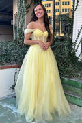Gelbes schulterfreies Bustier-A-Linien-Tüll-Abendkleid, formelles Kleid