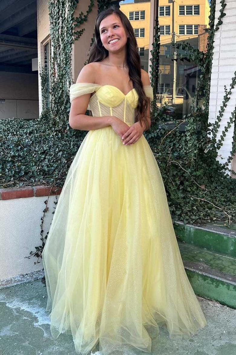 Gelbes schulterfreies Bustier-A-Linien-Tüll-Abendkleid, formelles Kleid