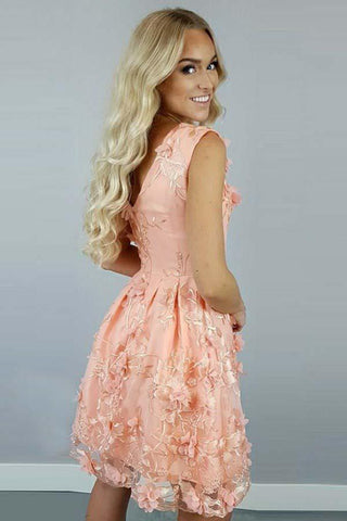 A-Line Bateau  Coral Satin Homecoming Dress with Appliques Flowers