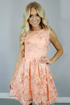 A-Line Bateau  Coral Satin Homecoming Dress with Appliques Flowers
