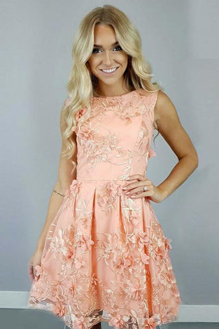 A-Line Bateau  Coral Satin Homecoming Dress with Appliques Flowers