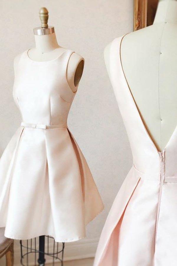 A-Line Bateau V-Back Short Pearl Pink Satin Homecoming Dress with Sash