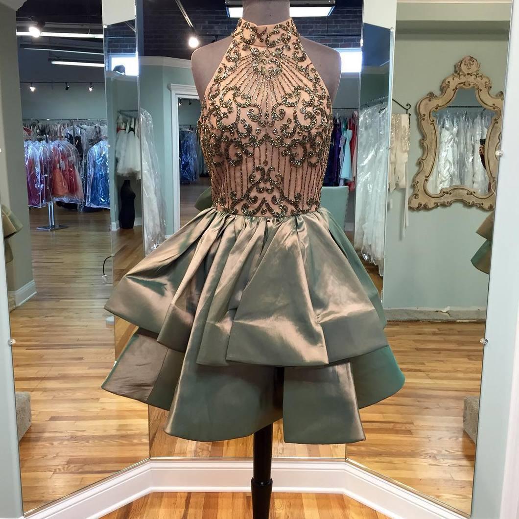 A-Linie Perlenbesetztes Neckholder-Abendkleid aus Satin, kurzes Ballkleid PG166