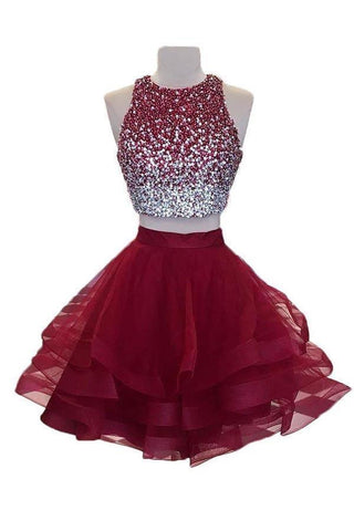 A-line Beaded Top Burgundy Organza Two Piece Homecoming Dresses