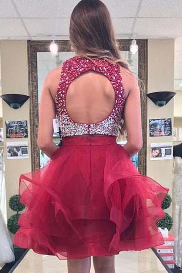 A-line Beaded Top Burgundy Organza Two Piece Homecoming Dresses