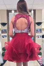 A-line Beaded Top Burgundy Organza Two Piece Homecoming Dresses