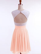 NumberSea - A - Line Beautiful Back Flirty Graduation Cocktail Party Dress Jewel Neck Short Sleeve Short / Mini Chiffon with Pleats