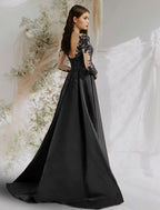NumberSea - A - Line Beautiful Back Sexy Floral Prom Formal Evening Dress Boat Neck Long Sleeve Sweep / Brush Train Satin with Appliques