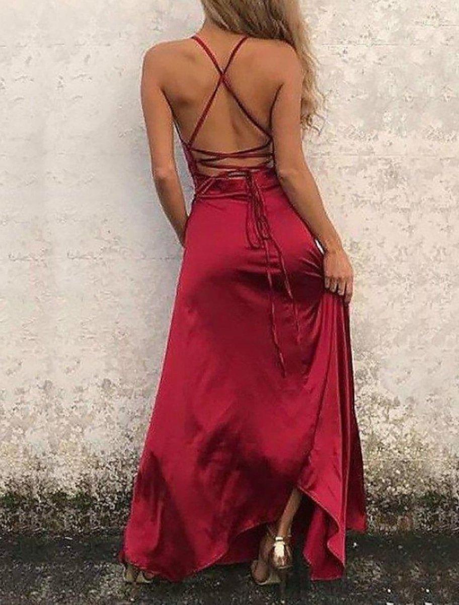 NumberSea - A - Line Beautiful Back Sexy High Split Engagement Prom Formal Evening Dress Spaghetti Strap Sleeveless Floor Length Satin with Ruffles Slit