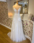 NumberSea - A Line Boho Wedding Dress with V Neck Lace Appliqued Spaghetti Straps Sweep elegant