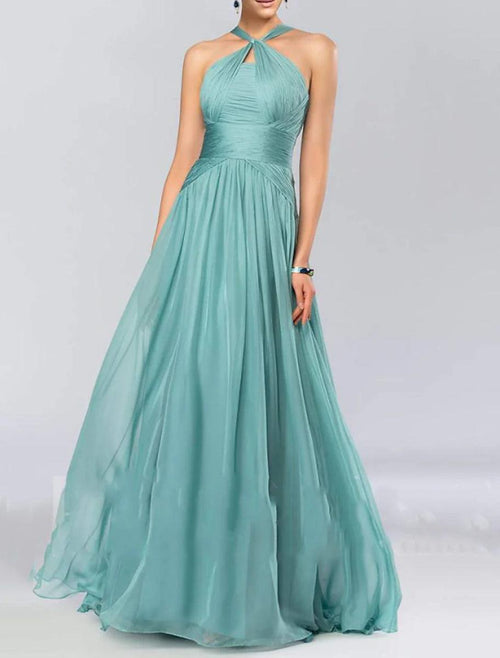 NumberSea - A - Line Bridesmaid Dress Halter Neck Sleeveless Elegant Floor Length Chiffon with Pleats / Draping