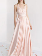 NumberSea - A - Line Bridesmaid Dress Halter Sleeveless Pink Floor Length Stretch Satin with Ruching / Solid Color