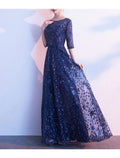 NumberSea - A - Line Bridesmaid Dress Jewel Neck Half Sleeve Elegant Floor Length Lace / Tulle with Lace / Bow(s)