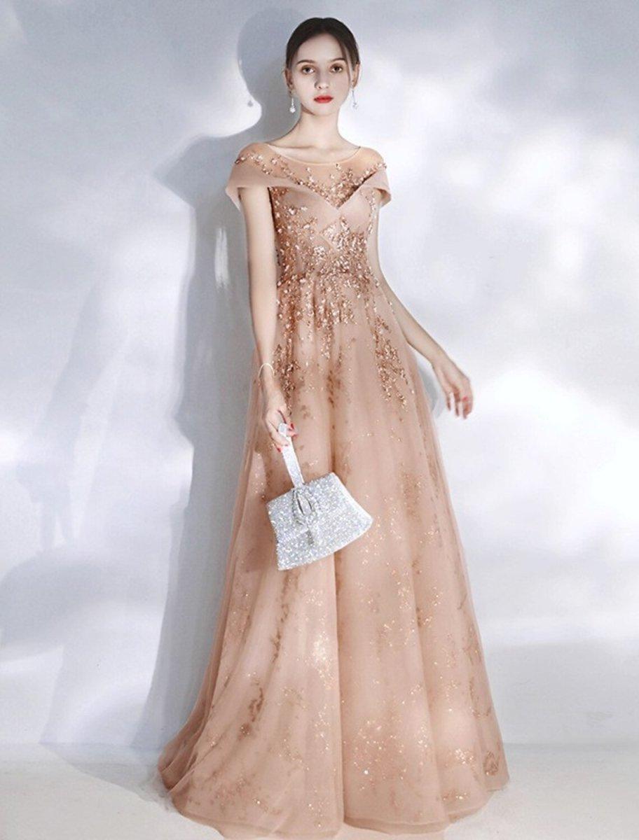 NumberSea - A - Line Bridesmaid Dress Jewel Neck Short Sleeve Beautiful Back Floor Length Tulle with Crystals / Bandage