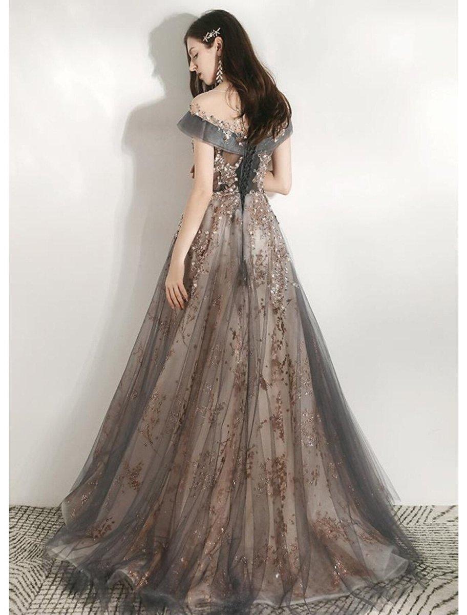 NumberSea - A - Line Bridesmaid Dress Jewel Neck Short Sleeve Beautiful Back Floor Length Tulle with Crystals / Bandage