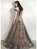 NumberSea - A - Line Bridesmaid Dress Jewel Neck Short Sleeve Beautiful Back Floor Length Tulle with Crystals / Bandage
