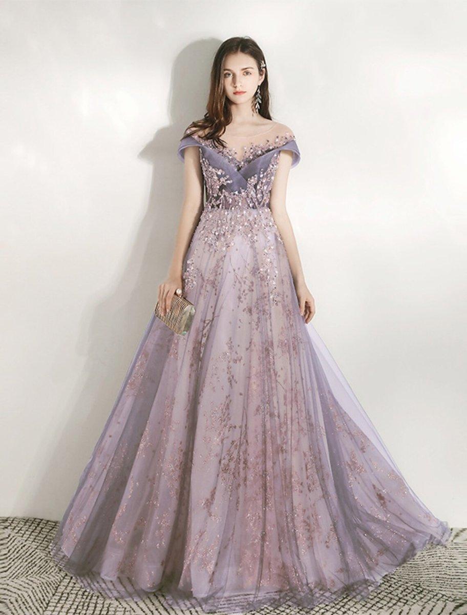 NumberSea - A - Line Bridesmaid Dress Jewel Neck Short Sleeve Beautiful Back Floor Length Tulle with Crystals / Bandage