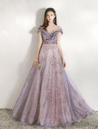 NumberSea - A - Line Bridesmaid Dress Jewel Neck Short Sleeve Beautiful Back Floor Length Tulle with Crystals / Bandage
