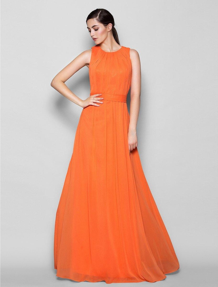 NumberSea - A - Line Bridesmaid Dress Jewel Neck Sleeveless Elegant Floor Length Chiffon with Criss Cross