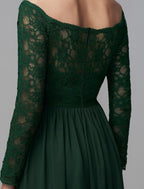 NumberSea - A - Line Bridesmaid Dress Off Shoulder Long Sleeve Elegant Floor Length Chiffon / Lace with Lace
