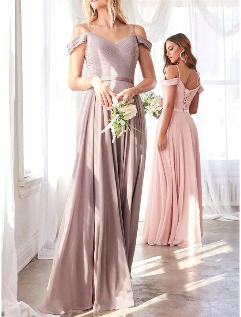 NumberSea - A - Line Bridesmaid Dress Off Shoulder Sleeveless Pink Floor Length Chiffon with Sash / Ribbon / Ruching