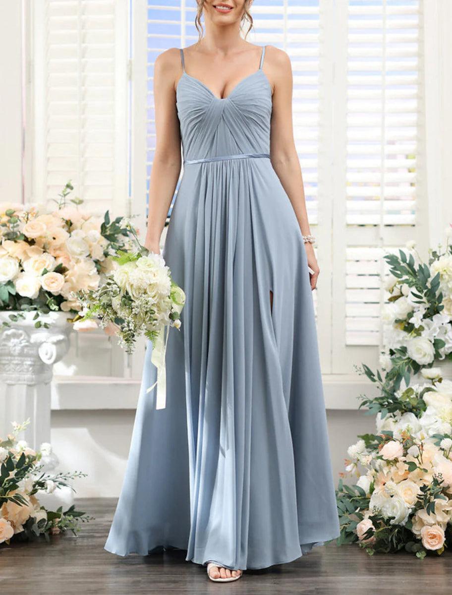 NumberSea - A - Line Bridesmaid Dress Spaghetti Strap Sleeveless Blue Floor Length Chiffon with Split Front / Ruching