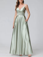 NumberSea - A - Line Bridesmaid Dress Spaghetti Strap Sleeveless Elegant Floor Length Satin with Split Front / Ruching