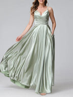 NumberSea - A - Line Bridesmaid Dress Spaghetti Strap Sleeveless Elegant Floor Length Satin with Split Front / Ruching