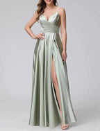 NumberSea - A - Line Bridesmaid Dress Spaghetti Strap Sleeveless Elegant Floor Length Satin with Split Front / Ruching