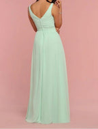 NumberSea - A - Line Bridesmaid Dress Straps / Plunging Neck / V Neck Sleeveless Open Back Floor Length Chiffon / Shantung / Imitated Silk with Pleats / Draping / Ruching