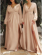 NumberSea - A - Line Bridesmaid Dress V Neck Long Sleeve Blue Floor Length Chiffon with Split Front / Ruching