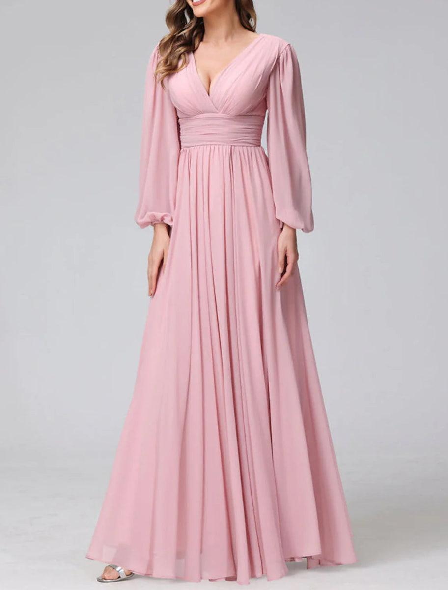 NumberSea - A - Line Bridesmaid Dress V Neck Long Sleeve Pink Floor Length Chiffon with Split Front / Ruching