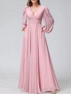 NumberSea - A - Line Bridesmaid Dress V Neck Long Sleeve Pink Floor Length Chiffon with Split Front / Ruching