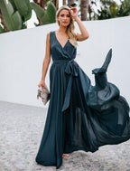 NumberSea - A - Line Bridesmaid Dress V Neck Sleeveless Elegant Floor Length Chiffon with Bow(s) / Pleats / Slit