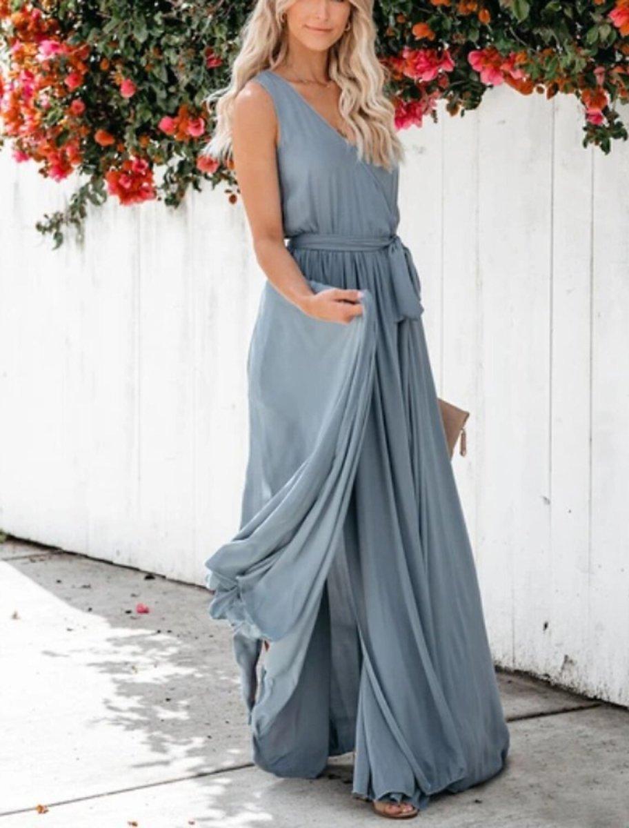 NumberSea - A - Line Bridesmaid Dress V Neck Sleeveless Elegant Floor Length Chiffon with Bow(s) / Pleats / Slit
