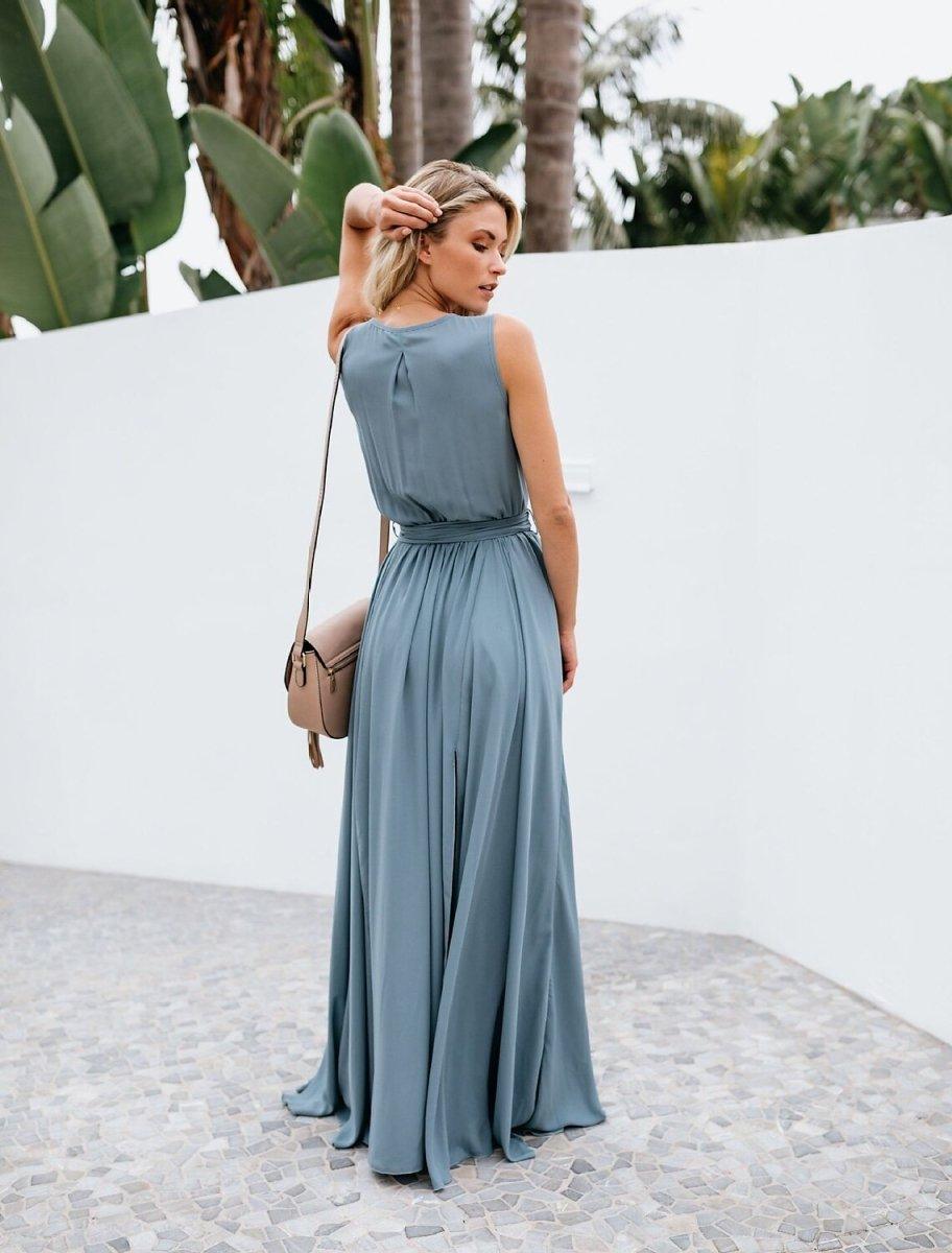 NumberSea - A - Line Bridesmaid Dress V Neck Sleeveless Elegant Floor Length Chiffon with Bow(s) / Pleats / Slit