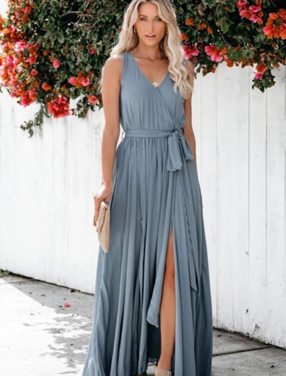 NumberSea - A - Line Bridesmaid Dress V Neck Sleeveless Elegant Floor Length Chiffon with Bow(s) / Pleats / Slit