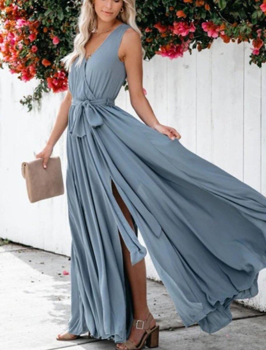 NumberSea - A - Line Bridesmaid Dress V Neck Sleeveless Elegant Floor Length Chiffon with Bow(s) / Pleats / Slit
