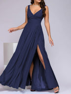 NumberSea - A - Line Bridesmaid Dress V Neck Sleeveless Elegant Floor Length Spandex with Split Front / Ruching