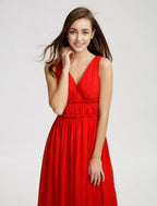 NumberSea - A - Line Bridesmaid Dress V Neck Sleeveless Open Back Floor Length Chiffon with Criss Cross / Draping / Side Draping